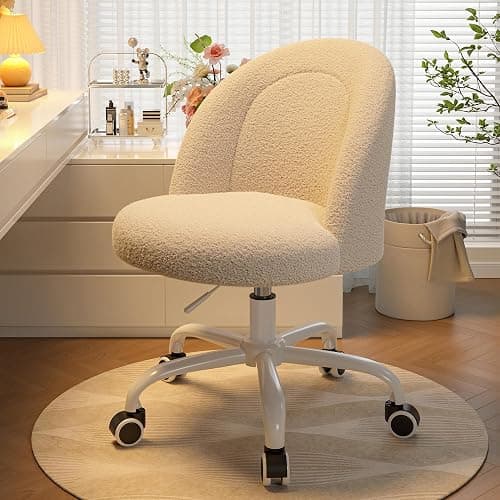 DurayLoly Vanity Chair with Back, Cute Desk Chair with Wheels, Armless Office Chair Height Adjustable, Soft Lumbar Support for Small Space, Bedroom, Light Yellow thumbnail 6