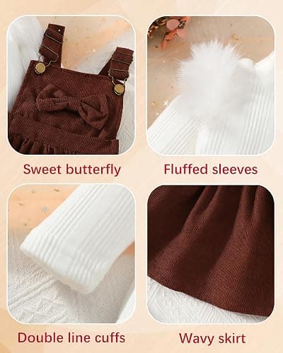 Megeoly Toddler Baby Girl Outfits Long Sleeve Ribbed T-Shirt Bow Overall Dresses Suspender Skirt Set Fall Winter Clothes thumbnail 6
