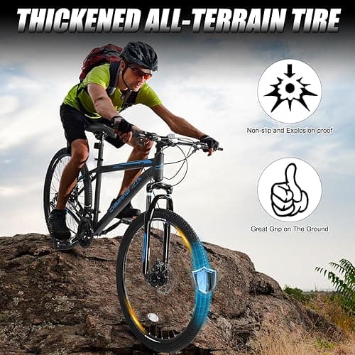 CamPingSurvivals 26/27.5" Mountain Bike 21 Speed Bikes for Adults, Men & Women Mountain Bike with High Carbon Steel Frame, All-Terrain Tires, Double Disc Brake and Suspension Fork - Blue - 27.5" thumbnail 3