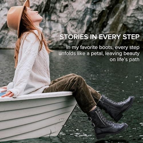 Vepose Women's Lace Up Mid Calf Combat Boots with Functional Pocket | Everyday moto style, functional zip pocket for cards and keys, low heel, inside zipper for city outfits and travel thumbnail 3