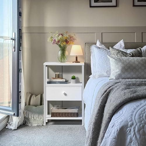 BOLUO White Nightstand with Charging Station, LED Night Stand with Fabric Drawers and Shelf, Bedside Table with USB Ports and Outlets, Bedroom Nightstand Modern thumbnail 2