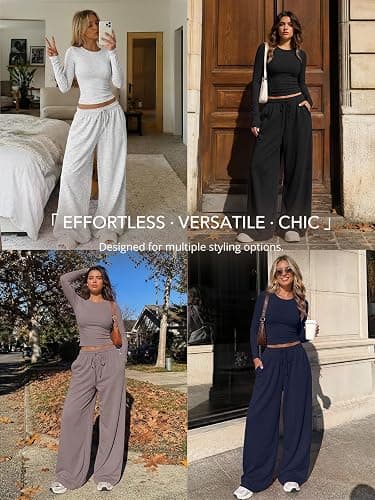 Trendy Queen Women's 2 Piece Matching Lounge Set Long Sleeve Side Ruching Top Wide Leg Drawstring Pants Set with Pockets thumbnail 6