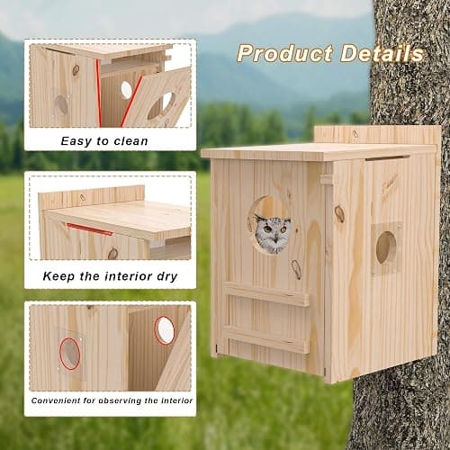 Solar-Powered Smart Owl House with Camera - Outdoor Hanging Wooden Nesting Box, Real-Time View & Motion Detection, for Garden for 2.4g WiFi Coverage Area, for Owl Lovers thumbnail 2