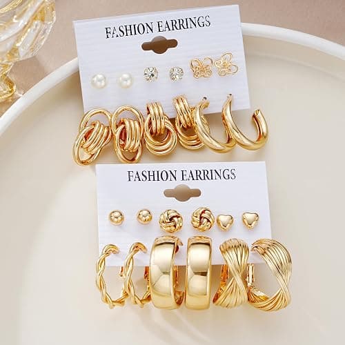 12 Pairs Chunky Gold Hoop Earrings for Women Trendy, Gold Plated Lightweight Hypoallergenic Stack, Thick Open Twisted Huggie Hoops Earring Set thumbnail 9