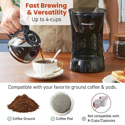 Elite Gourmet EHC4128 Automatic 4-Cup Brew & Drip Coffee Maker with Pause N Serve, Glass Carafe, Reusable Filter, On/Off Switch, Keep Warm, Water Level Indicator, Black thumbnail 5