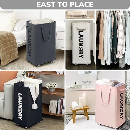 Goodpick 75L Laundry Basket with Wheels & Removable Wash Bag, Large Rolling Laundry Hamper for Clothes, Dorm Room Essentials, Grey thumbnail 9