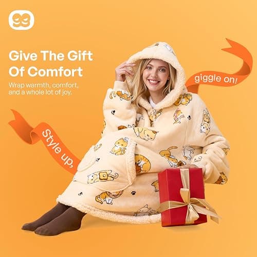 Giggling Getup Wearable Blanket Hoodie for Adults Gifts for Teen Girls Sister Women Sherpa Fleece Printed Hooded Blanket Sweatshirt Warm Cozy with Pocket & Sleeves Beige Cat thumbnail 8