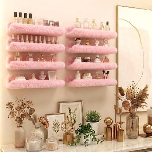 Care&More YJ 15 Inch Nail Polish Shelves, 4-Pack Fuzzy Display Nail Polish Rack for Storing Nail Bottles, Sunglasses, Essential Oils, Plush Soft Pink thumbnail 8