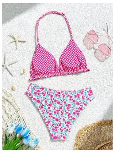 RoseSeek Girl's 2 Piece Swimsuits Floral Gingham Halter Triangle Wireless Bikini Bathing Suit thumbnail 2