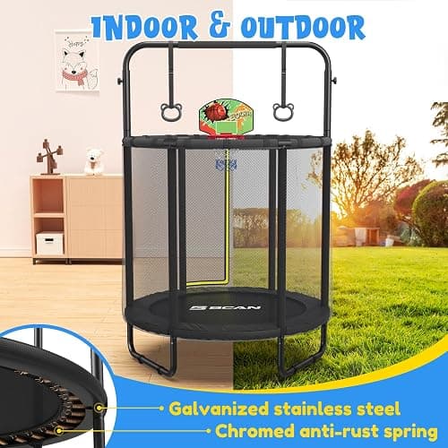BCAN 60''/55" Mini Trampoline for Ages 1 to 8 Kid, 5FT Toddler Trampoline - Indoor/Outdoor Use with Enclosure Net, Adjustable Gymnastics Bars, Basketball Hoop, Gifts for Boys & Girls - 55IN - 55-BLACK thumbnail 4