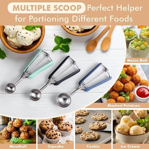 SUNNORN Cookie Scoop set, Cookie Scoops for Baking Set of 3, Size #60/ #40/ #20, Cookie Dough Scoop, Non-Slip Grip, Blue/Black/Mint Handle, For Cookies Muffin Cupcake Meatball Ice Cream thumbnail 7