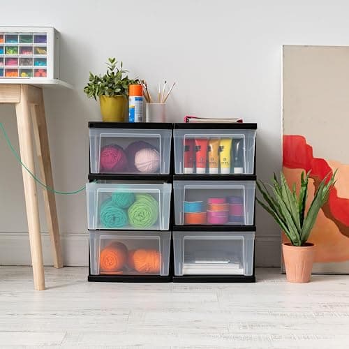 IRIS USA Plastic Drawer Storage Organizer, 3-Drawers, 2-Pack, for Classroom Art Craft Supplies, Bathroom Bedroom, Laundry Room, Black/Clear thumbnail 2