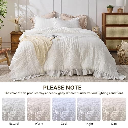 JOLLYVOGUE Queen Comforter Set, 3 Pieces White Seersucker Comforters Queen Size, Lightweight & Fluffy Bedding Sets Queen for All Season with 1 Ruffle Comforter and 2 Ruffle Pillowshams thumbnail 8