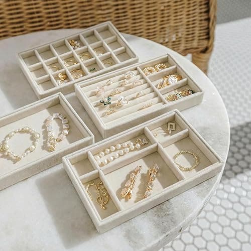 Elsjoy 8 Pack Velvet Jewelry Trays, Stackable Jewelry Organizer Trays for Drawers, Beige Jewelry Storage and Display Tray Inserts for Necklaces, Rings, Earrings thumbnail 8