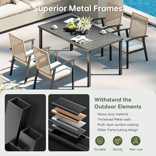 Aoxun 5-Piece Wicker Patio Table and Chairs Set for 4 with Umbrella Hole | Outdoor Dining Set with 6 Chairs and 1 Rectangular Metal Table, Patio Dining Sets with Soft Cushion for Backyard, Yellow thumbnail 5