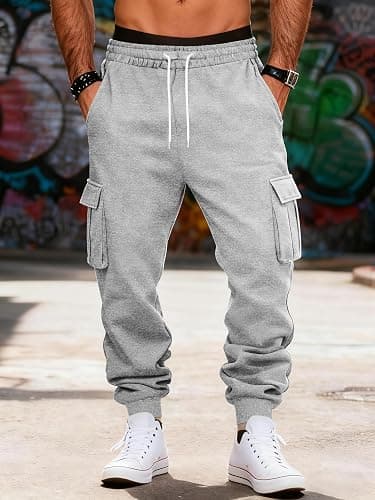 TRFIC Mens Fleece Cargo Sweatpants Heavyweight Elastic Waist Pants with Pockets Baggy Drawstring Jogger Pants thumbnail 3