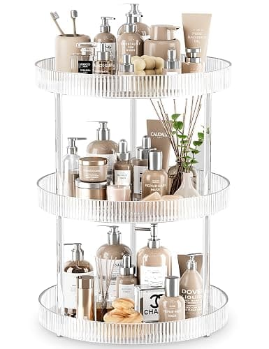 3 Tier Lazy Susan Bathroom Countertop Organizer, 360° Clear Rotating Makeup Cosmetic Perfume Storage Tray, Spinning Vanity Organizer Shelf for Bathroom Cabinet, Dresser, Kitchen(Large) - Image 1