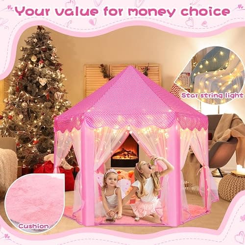 Monobeach Princess Tent Girls Large Playhouse Kids Castle Play Tent with Star Lights Toy for Children Indoor and Outdoor Games, 55'' x 53'' (DxH) (Pink Princess Tent with Play Mat) thumbnail 2