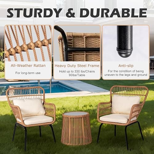 HOMEZILLIONS 3 Piece Outdoor Wicker Furniture Bistro Set, Rattan Chairs Conversation Sets Wicker Patio Furniture for Balcony Poolside Backyard, Yellow/Beige thumbnail 4