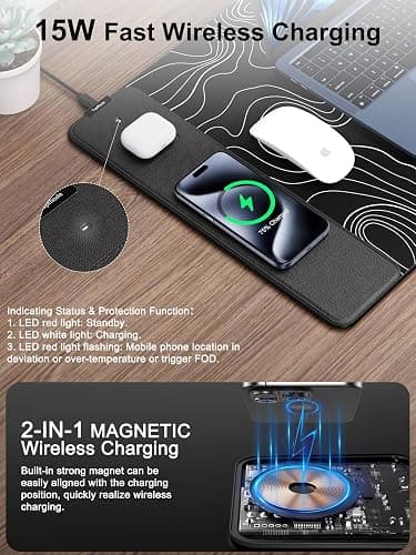 TopMade Mouse Pad with 15W Fast Wireless Charging, 31.5"x15.75" XXL Large Gaming Waterproof Desk Pad with Ultra-Smooth Surface, Non-Slip Base, Computer Desk Mat, Black Topographic Map #2 thumbnail 2