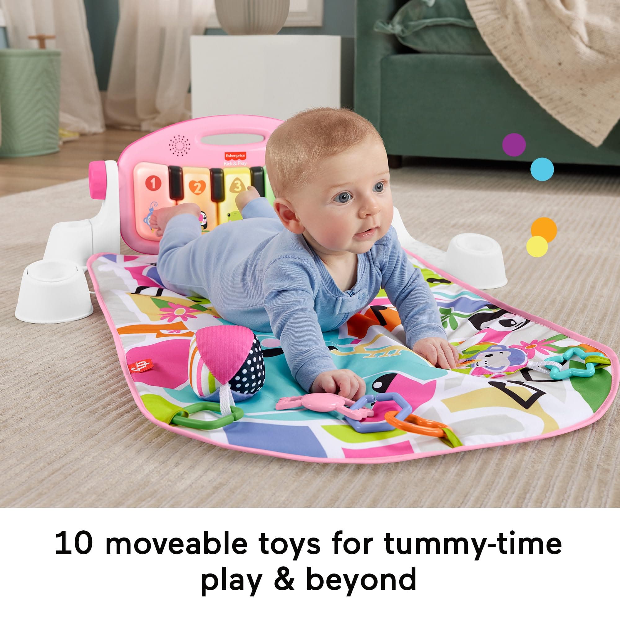 Fisher-Price Baby Activity Mat Glow and Grow Kick & Play Piano Gym, Portable Musical Toy with Smart Stages Learning, Ages 0+ Months, Pink, Queens English Version thumbnail 3
