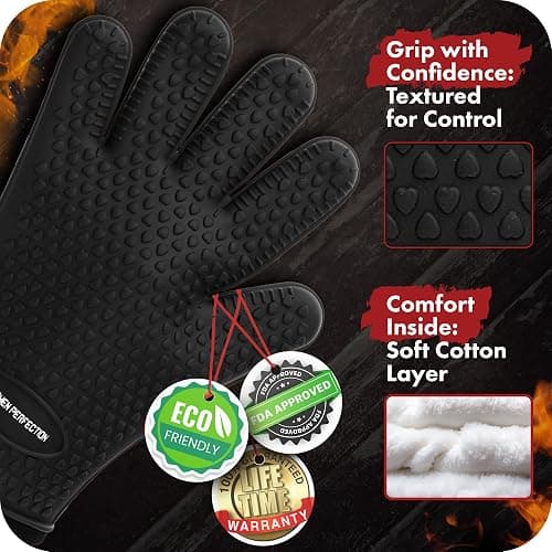 KITCHEN PERFECTION Silicone Smoker Oven Gloves -Extreme Heat Resistant BBQ Gloves -Handle Hot Food Right on Your Smoker Grill Fryer Pit|Waterproof Oven Mitts Grill Gloves |Superior Value Set+3 Bonuses thumbnail 3