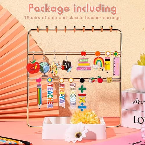 Junkin 16 Pairs Teacher Earrings for Women Back to School Teacher Gifts Bulk Fun Rainbow Apple Book Pencil Ruler Blackboard World Map Dangle Earrings Set Appreciation Gifts for Women thumbnail 2