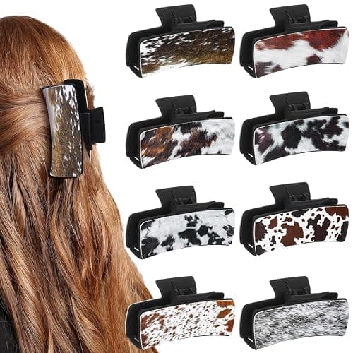 FineCheer Christmas Western Hair Claw Clips Western Gifts Bulk for Women Leather Highland Cow Print Hair Clips Accessories Christmas Party Gifts Stocking Stuffers(Retro) - Image 1