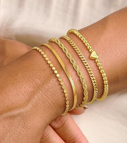 doubgood Gold Bracelets for Women, 14K Gold Plated Stackable Initial Beaded Bracelet with Letter Pendant Waterproof Stretch Trendy Stack Jewelry Set Gifts for Women thumbnail 5