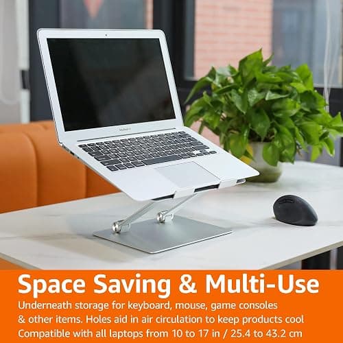 Amazon Basics Sturdy and Portable Ergonomic Laptop Stand for Desk, Adjustable Riser, Fits all Laptops and Notebooks up to 17.3 Inch, Silver, 10 x 8.7 x 6 in thumbnail 8