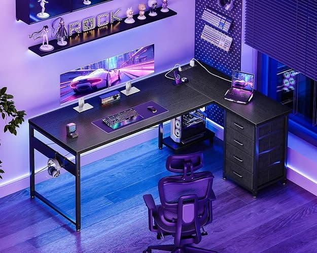 AODK L Shaped Gaming Desk with 4 Drawers, 61" Reversible Home Office Desks with Power Outlets, L Shaped Computer Desk with USB Charging Port and Host Stand, Corner Desk, Easy to Assemble, Black thumbnail 2