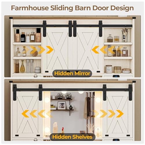 Hasuit Farmhouse Vanity Desk with Mirror and Lights, White Makeup Dressing Table with Charging Station, Rustic Vanity Mirror with Sliding Barn Door, Vanity Table with 3 Lighting Modes Adjustable thumbnail 3