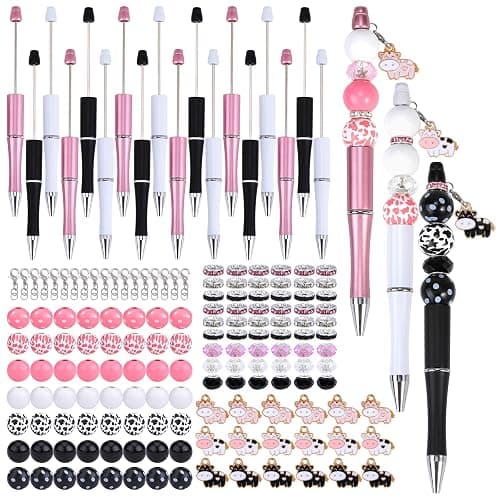 WEWAYSMILE 18 Pieces Beadable Pen DIY Cow Series Ballpoint Pen Set in Black Ink, with 110 Various Beads, 18 Pcs Lobster Clasps, 18 Cow Pendants, DIY Gifts Crafts Office Supplies - Image 1