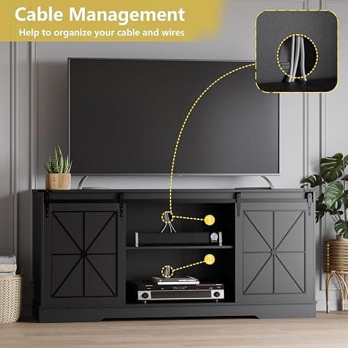Farmhouse TV Stand for 65/60/55 Inch Tvs, Rustic Entertainment Center with Storage Cabinets & Sliding Barn Doors, Modern Media Console Table, Wood Television Furniture for Living Room, Bedroom, Black thumbnail 5