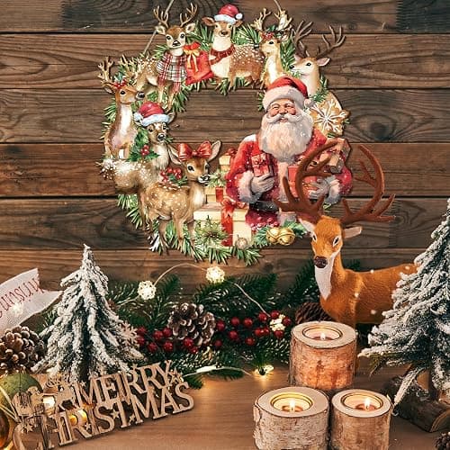 Vintage Christmas Wreath for Front Door Sign 12 Inch Wooden Retro Santa Claus and Reindeer Door Hanger Decoration for Home Indoor Outdoor Farmhouse Wall Window thumbnail 6