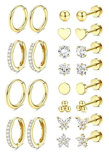 Jstyle Hypoallergenic Flat Back Earrings for Women Cartilage Earring Stacks | Surgical Steel Earring Stacks for Multiple Piercing, Small Flatback Earring Studs Huggie Hoops, Ideal Jewelry Gift for Her - Image 1