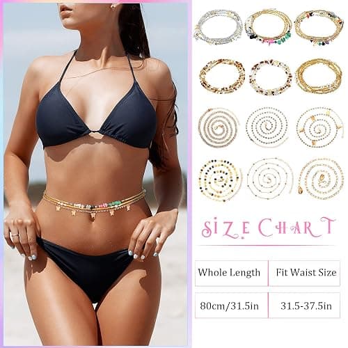 12 Pcs Waist Beads Body Jewelry Beach Bikini Belly Beads Waist Chains for Women Adjustable Belly Necklace Stomach Jewelry Chain Women's Body Chains (Simple Style) thumbnail 4
