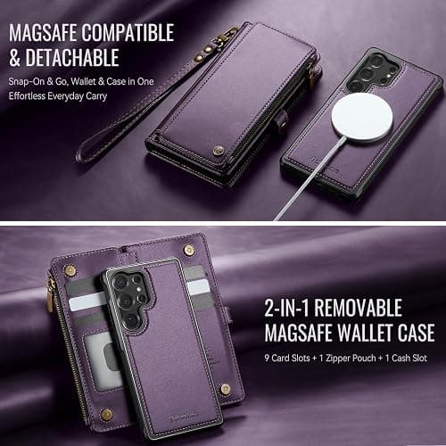 Defencase for Samsung Galaxy S25 Ultra Magnetic Wallet Case Compatible with Magsafe with RFID Blocking Zipper & Card Holder Women, PU Leather Detachable Phone Case for Galaxy S25 Ultra 6.9", Purple thumbnail 9