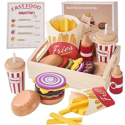 Smartwo Cibo Giocattolo per Bambini, Set di Legno per Hamburger e Patatine Fritte, Fast Food Playset, Alimenti Finto, Accessori Cucinetta, Giochi in Cucina per 2 3 4 5 6 Anni, Regalo Bambino - Image 1