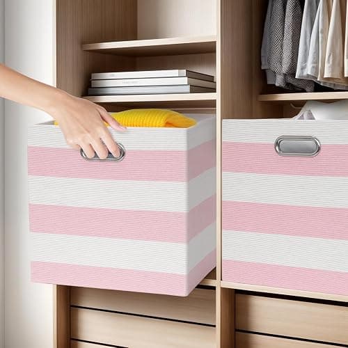 11 x 11 x 11 Inch Linen Stripe Storage Cubes for Home Organizing, Pack of 4 | Collapsible Fabric Bins with Handles, Striped Boxes for Office Wardrobe Closet Shelf Organizing thumbnail 7