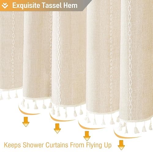 BTTN Boho Farmhouse Shower Curtain, Linen Rustic Weighted Striped Cloth Shower Curtain Set with Tassel, Water Repellent, Bohemian Vintage Country Fabric Shower Curtain for Bathroom, Cream/Beige, 72x72 thumbnail 7