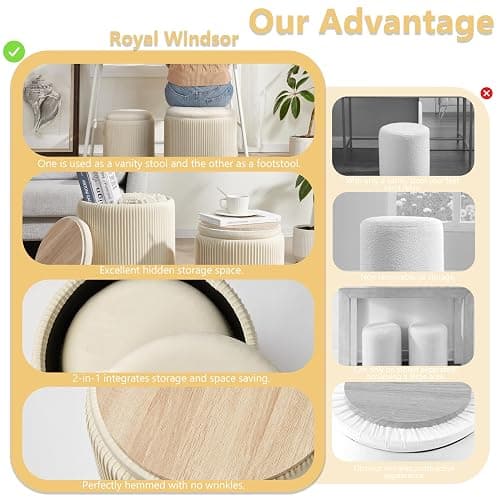 Royal Windsor Round Ottoman with Storage Set of 2, Storage Vanity Stool | Velvet Upholstered Round Storage Ottoman, Ottoman Coffee Table, Small Foot Stool for Living Room & Bedroom, Beige thumbnail 7