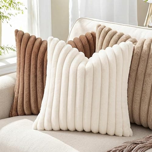 Pallene Faux Fur Decorative Throw Pillow Covers 18x18 Set of 2, Cream White | Luxury Plush Texture, Striped Design, Cozy Soft Touch, Fall Modern Home Accent Decor for Couch, Sofa, Bed, Living Room thumbnail 4