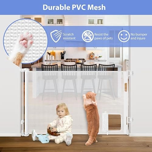 Retractable Baby Gate with Cat Door 55" Wide Retractable Baby Gate for Stairs Mesh Baby Gate with Pet Door Retractable Dog Gate for The House Retractable Pet Gate with Door Safety Gates for Toddlers thumbnail 3