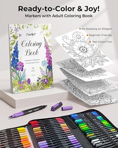 JusArt Markers for Adult Coloring Books No Bleeding, 80 Colors Coloring Markers with Dual Tips, Fine & Brush Pens with Ergonomic Triangle Grip & 33% More Ink, Water-Based Art Drawing Set for Adults thumbnail 6