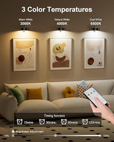 3-Pack Black Picture Lights for Wall, Battery Operated with Remote and Timer, 3 Color Temperatures & Dimmable, Art Display Light for Picture Frame Artworking Portrait，Wireless Wall Decor Puck Lights thumbnail 3