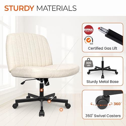 Orange Factory Criss Cross Chair Wheels Wide Cross Legged Office Desk Vanity Chair Comfy Fabric Armless Adjustable Swivel for Home Computer Task (Beige) thumbnail 7