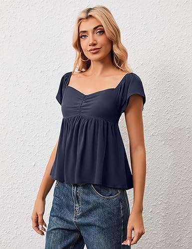 HOCANDY Womens Flowy Peplum Tank Tops Ruffle Sleeve Babydoll Tank Top Sweetheart Neck Smocked Back Short Sleeve Going Out Top thumbnail 7