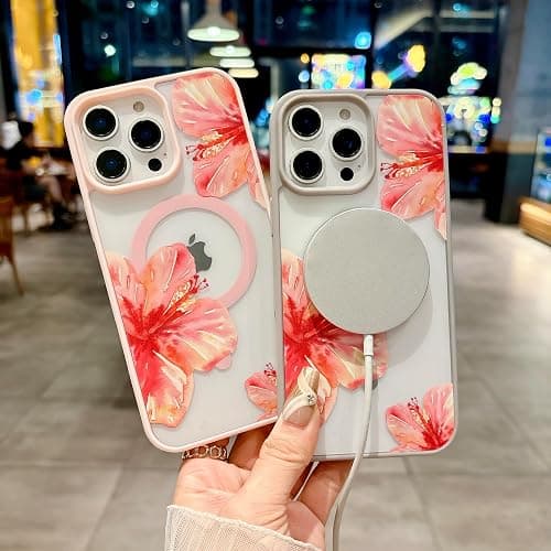 HYUEKOKO Magnetic for iPhone 13 Case & iPhone 14 Case [Compatible with MagSafe] Cute Trendy Hibiscus Flower Pattern Design for Summer Hawaiian, Shockproof Protective Cover for Girls Women-Pink thumbnail 3