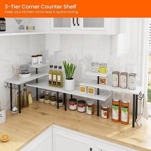 Homode Bathroom Counter Corner Shelf, 3 Tier Kitchen Countertop Organizer for Over The Sink, Make Up, Dresser Table, White Marble thumbnail 4